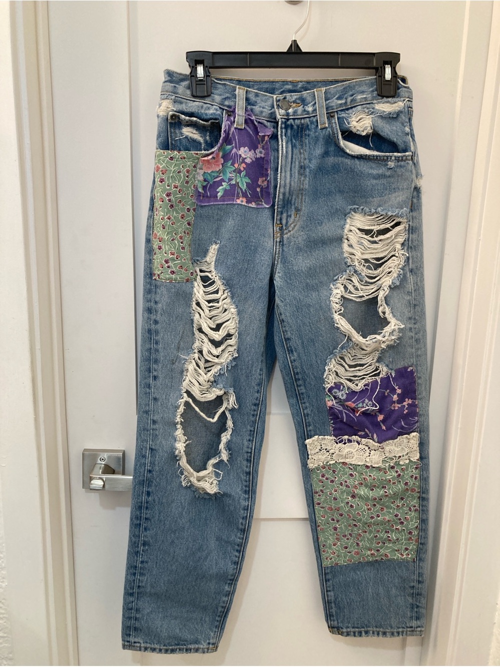 Women's Blue Boyfriend Jeans with Purple & Green Patchwork